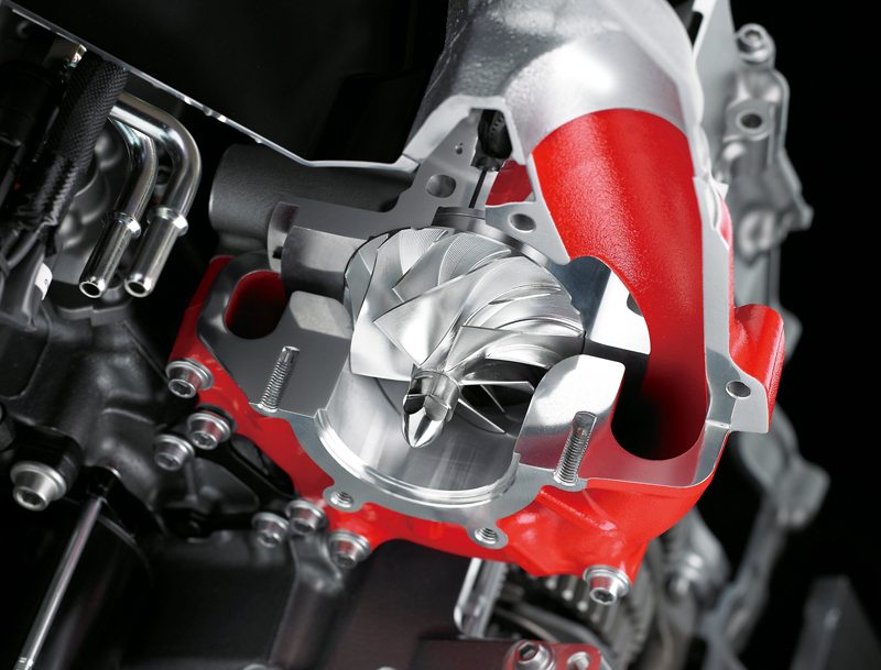 The Ninja H2's supercharger uses planetary gears, spins at up to 130,000 rpm and develops up to 20.5 psi boost pressure.