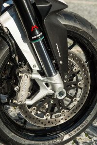 Marzocchi inverted fork is fully adjustable, Brembo radial calipers squeeze 320mm discs, and switchable ABS is standard.