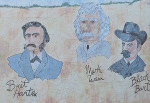 San Andreas mural honoring authors Bret Harte and Mark Twain, as well as the gentleman bandit, Black Bart.