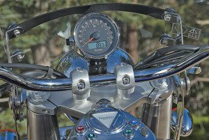 The Triumph is the only bike with a handlebar-mounted speedo. LCD has clock, odo and trip functions, but there is no fuel gauge.