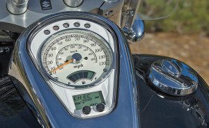 The Suzuki’s white-faced speedo and large LCD fuel gauge and info panel with gear indicator are easy to read. 