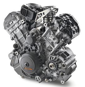 KTM’s powerhouse LC8 V-twin has grown to 1,301cc and uses a 4.4-pound heavier crankshaft for better tractability and throttle response.