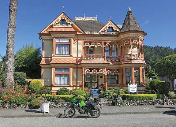 The Gingerbread Mansion Inn in Ferndale is a very Victorian bed-and-breakfast with lovely furnishings, much too elegant for a pair of scruffy, dirty motorcyclists.