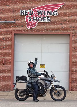 The riders follow the rails to Red Wing, Minnesota, home of Red Wing Shoes.
