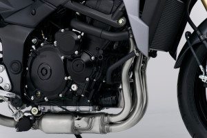 The 749cc in-line four is adapted from the 2005 Suzuki GSX-R750, retuned for more low-end torque and mid-range power.