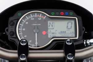 The 2015 Suzuki GSX-S750 has a fully featured instrument panel, with an analog tach and LCD.