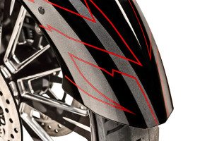 The Victory Magnum X-1's custom paint is called Electric Red Over Gloss Black and Platinum.