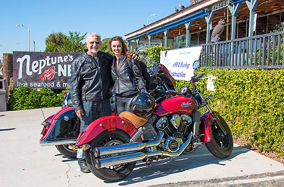 During our time with the new Indians, we rode along the Pacific Coast Highway to a familiar biker destination: Neptune’s Net. Although Leah considers herself a sport bike rider, her first ride on the new Scout prompted a huge smile and a quip: “I like this cruiser, it’s nice to just relax and ride at a nice pace.” (That meant only occasionally scraping the footpegs in the fast mountain curves!)