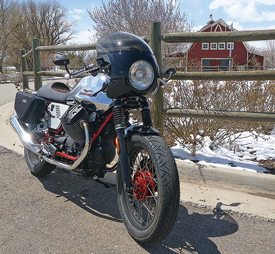 Willow Farm Park—a stunning red barn and a stunning chrome-tanked café racer.