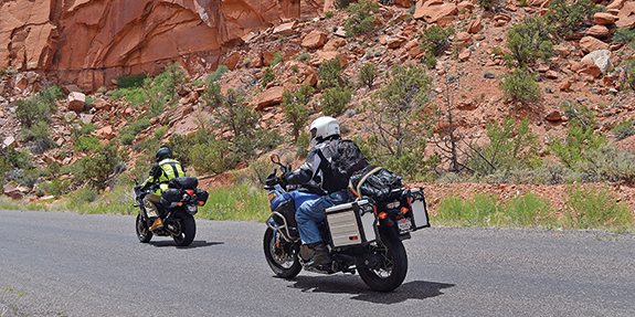Andy and Eli enjoying the curvy and solitary ride in Burr Trail slot canyon.