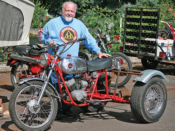 Engineering creativity is applauded in the world of Hodaka appreciation, such as this unique 1970 Ace 100 trike ridden by Stephen Burrows from Council Bluffs, Iowa.