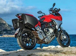The Turismo Veloce’s triple makes a pleasing bark through those three silencers. Optional saddlebags will hold a large full-face helmet. A GPS mount and Garmin GPS are available as options.