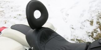 Corbin Seat installed on a Dyna Switchback—note the key slot to the rear of the Corbin logo, which allows seat removal within seconds without the need for tools