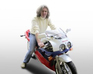 James May is sitting on a Honda RC 30.