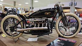 This gorgeous 1923 Ace board track racer has a 1,262cc in-line four cylinder. The bike was designed to race on motordromes with a wooden plank surface and high banked turns where 100 mph speeds were achieved.