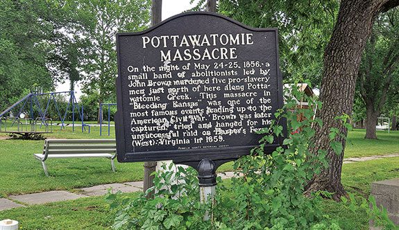 This Pottawatomie Massacre sign in Lane is the only marker in the area attesting to what many believe to be John Brown’s most notorious act. 