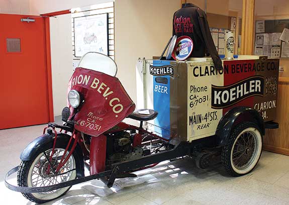 This 1936 Indian Traffic Car, outfitted as a beer wagon, features the 42-degree, 45-cubic-inch V-twin of the Scout and two-wheel drive.