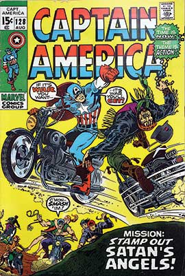 Captain America has typically ridden a Harley. Wonder where he found this love child of a Honda Dream and a Norton Wankel 588?