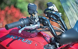 Multi-adjustable handlebar is made exclusively for Motus by HeliBars in Maine.