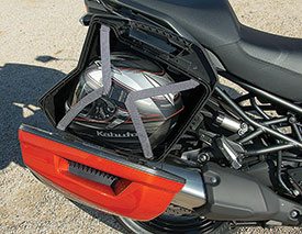 Made by Givi, the 28-liter Kawasaki Quick Release Saddlebags will each hold a full-face helmet.