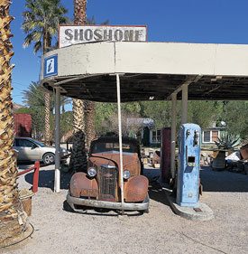 Apparently this old car ran out of gas about the same time the Shoshone gas station did. The station now houses a small museum.