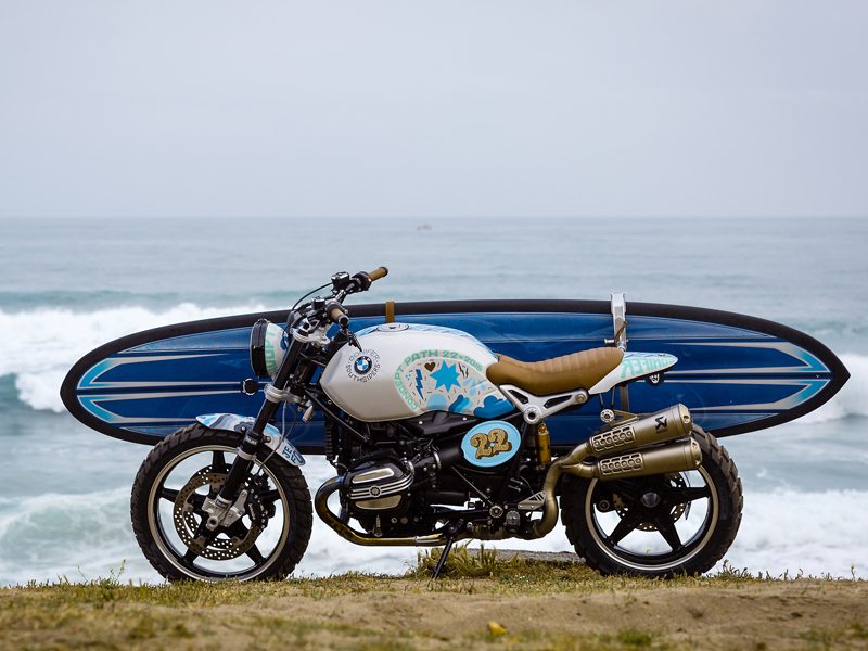 BMW's scrambler-inspired Concept Path 22, with a custom surfboard designed by Mason Dyer.