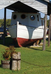 Vintage Coast Guard boat on display at Jackson Harbor Maritime Museum on Washington Island.