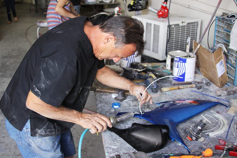 Born Again Fairings' founder Chuck Frye welds cracked Suzuki GSX-R bodywork.