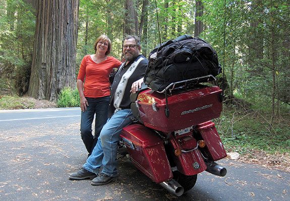 Bob and Val Ford on their ’13 H-D Road Glide Ultra among the redwoods. They’d been at Sturgis for over two weeks and claimed they had “ridden forever.”