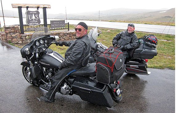At the top of the Beartooth Pass I met David “Shag” Horelica on his ’06 Screamin’ Eagle Harley and Eric Van Praag on his 2010 Street Glide. Riding from Texas, they were on their way to Canada. Like me, they were hoping for dryer weather down the road.