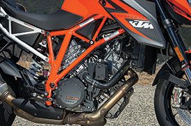 At 1,301cc, the KTM has a 300cc advantage over the others, dominating the midrange.
