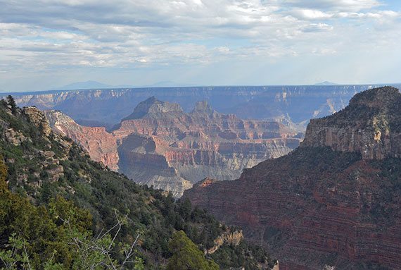 Just steps from the North Rim Campground, this spectacular vista is transformed throughout the day as the sun’s spotlight illuminates it from various angles.