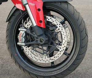 Panigale superbike-spec Brembo Monobloc calipers are super strong but offer limited feedback.