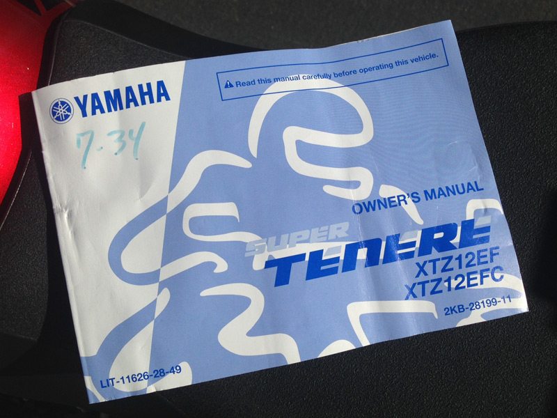 The owner's manual for our Yamaha Super Ténéré test bike is stored under the seat.