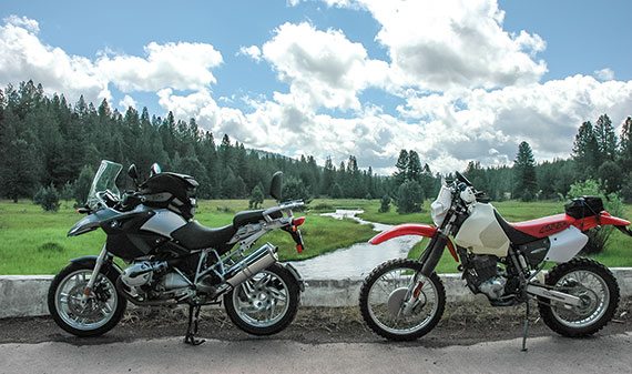 Our steeds on the bridge over Ash Creek: My trusty 2006 BMW R 1200 GS and Duane’s 1996 Honda XR400R dual-sport convert.