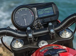 Analog tach shows peak efficiency in the green zone. LCD shows speed, gear position, battery level, range, recharge time and more.