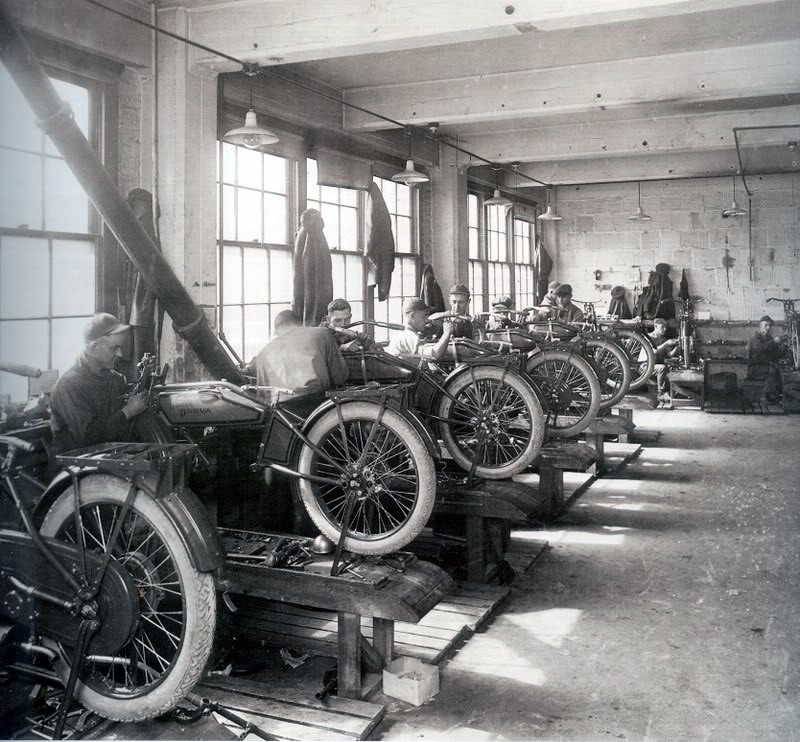 Inside Yellow Brick, there was technically mass production going on, just not on a massive scale, yet. Doing things this way, a man at a bench wrenching individual motorcycles together one at a time, wasn’t efficient compared to what was to come. But it was an assembly line of sorts. The car guys at this point had already figured out how to bring the work to the man on the move.