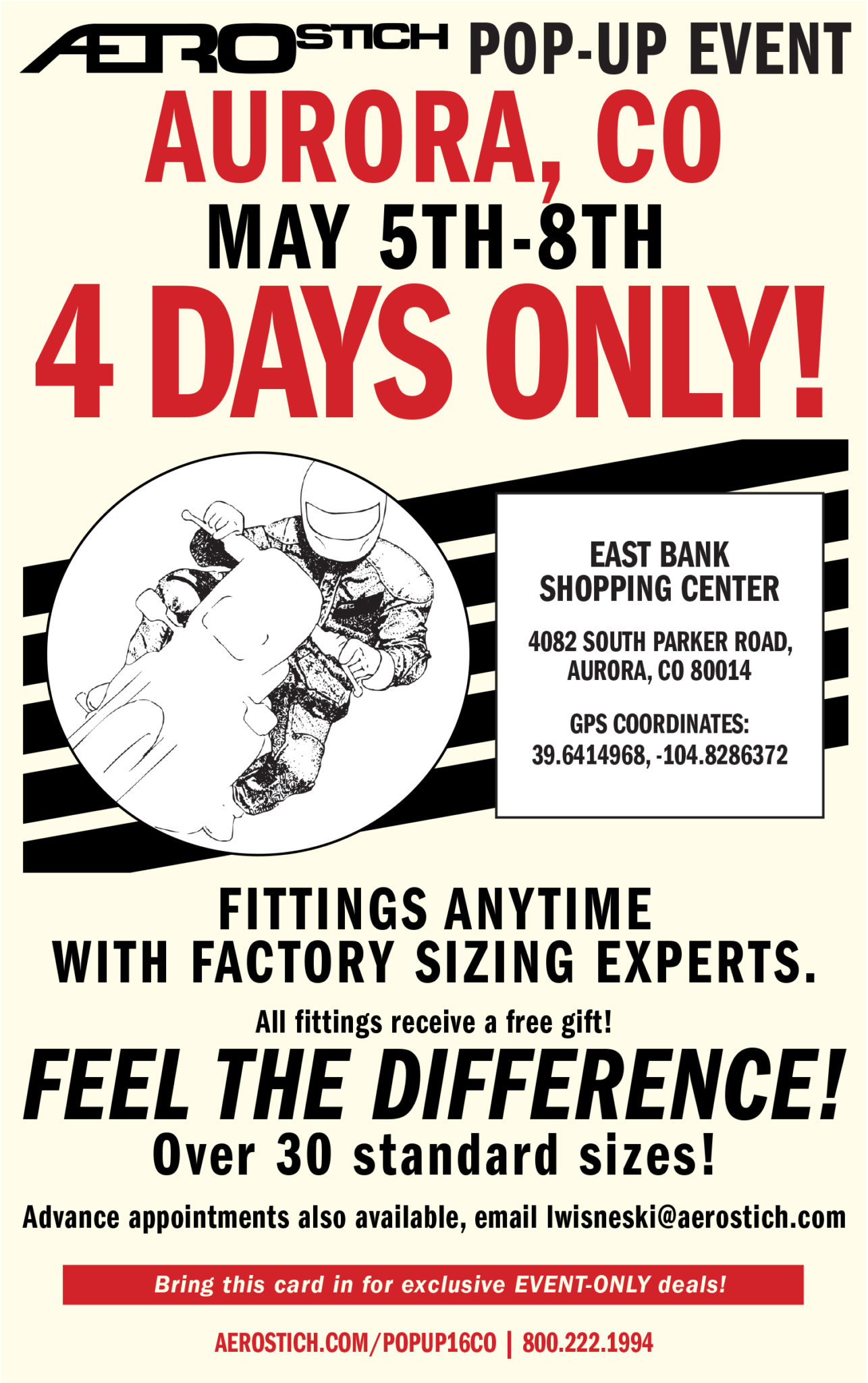 Aerostitch will be holding one of their famous Pop-Up Events May 5-8, in Aurora, Colorado.
