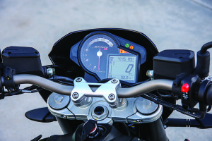 Analog tach and LCD display are easy to read and include a trip computer, but the bike lacks a fuel gauge.