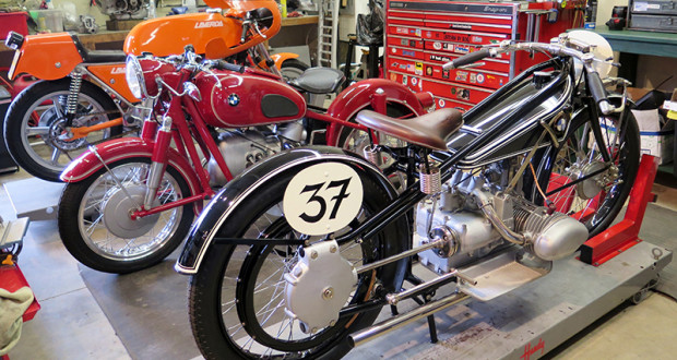 Bikes in the Moto Talbott Collection's workshop. From right to left: 1925 BMW R37 Racer 494cc, 1965 BMW R69S 600cc, 1974 Laverda SFC 750cc