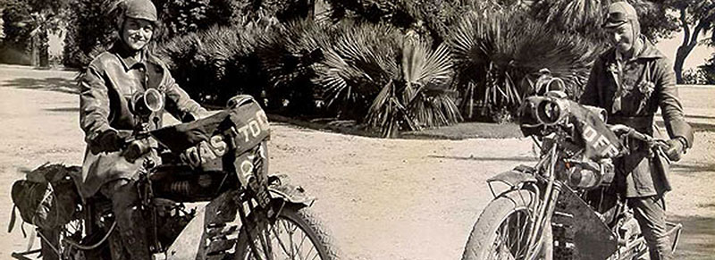 Augusta (left) and Adeline (right) pose on their Indian "motocycles."
