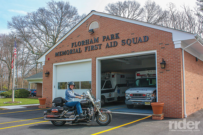 The Florham Park Memorial First Aid Squad is an all-volunteer outfit. EMR Russell Breninger is shown on his Triumph Rocket III. It's not an ambulance, but the tail bag is one of the best-equipped medical rescue bags you'll ever see.