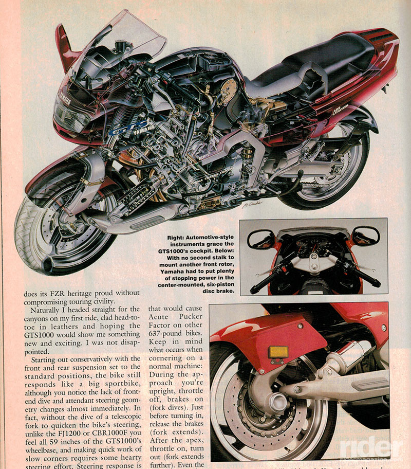 Top: Artist's rendering cutaway graphic of the GTS1000. Center: Automotive-style instruments grace the GTS1000's cockpit. Bottom: With no second stalk to mount another front rotor, Yamaha had to put plenty of stopping power in the the center-mounted, six-piston disc brake.