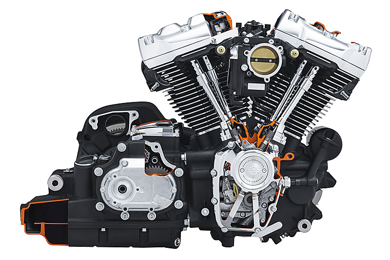 Cutaway of the Milwaukee-Eight 107, which Harley-Davidson says offers faster throttle response, more torque, better sound, improved fuel economy and a smoother ride than the Twin Cam 103.