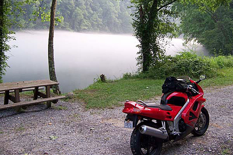 My Honda VFR750 during a quiet respite during my ride on North Carolina Route 28, aka Moonshiner 28, during my solo tour a couple months before Hurricane Katrina.