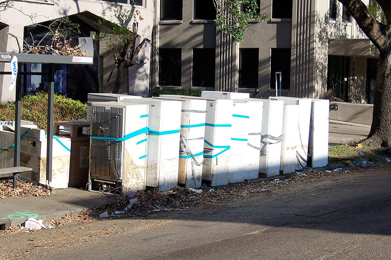 After Katrina abandoned refrigerators, taped up to keep their rotting contents from leaking out, lined the New Orleans' streets, which were still patrolled by the national guard when we returned home. 