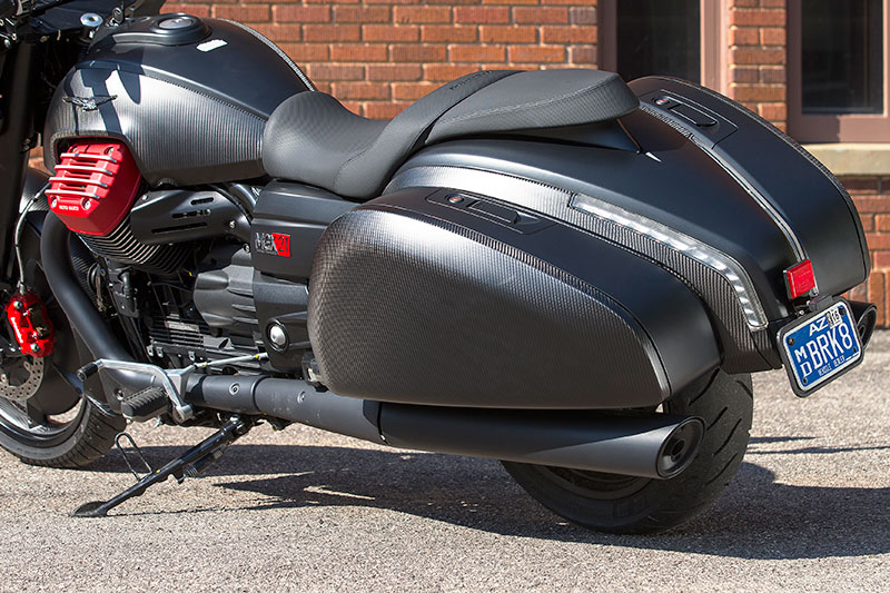 Weight-saving carbon fiber on a bagger? Well, yes, but they’re really just stylish covers. The two-piece seat sports a dished rider portion at 29.1 inches, with a removable passenger section.