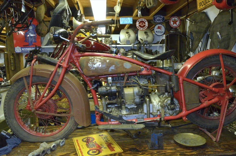 The 1928 Indian (Ace) Four being restored at the American Police Motorcycle Museum