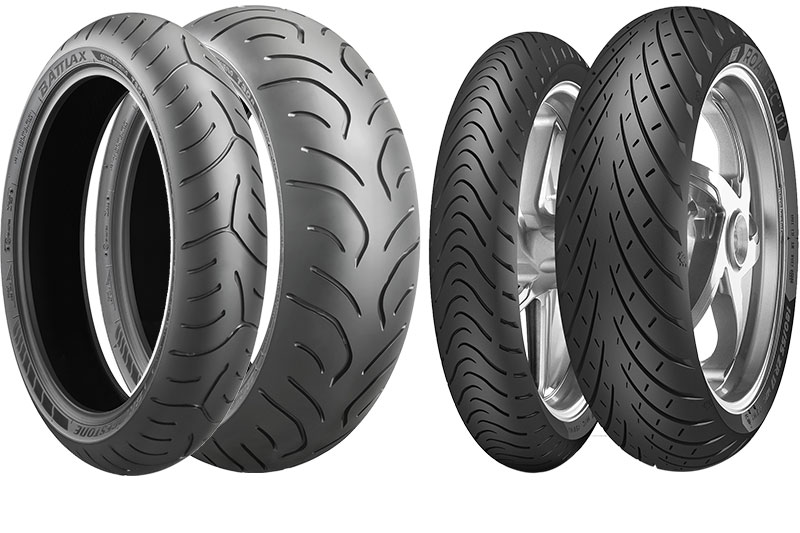 Sport-touring tires aim to deliver great mileage and handling performance for today’s high-tech sport-touring machines. The Metzeler RoadTec 01 has a tread pattern that improves grip on wet or dry surfaces, with a dual compound that offers cornering confidence and long life. The Shinko 016 Verge features an Aramid front tire for high-speed stability and strength, and a supersport-derived rear for performance. The Bridgestone Battlax T30 EVO uses new compounds to improve traction and control, especially on wet surfaces.