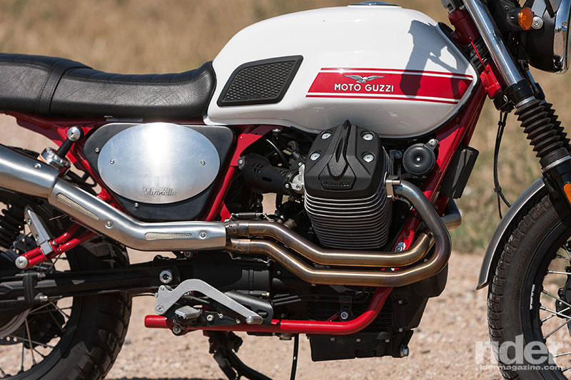 The Stornello is powered by the latest edition of the 750cc Guzzi small block V-twin. A white tank with red stripes, red frame and black engine pays homage to the original 1972 Stornello.